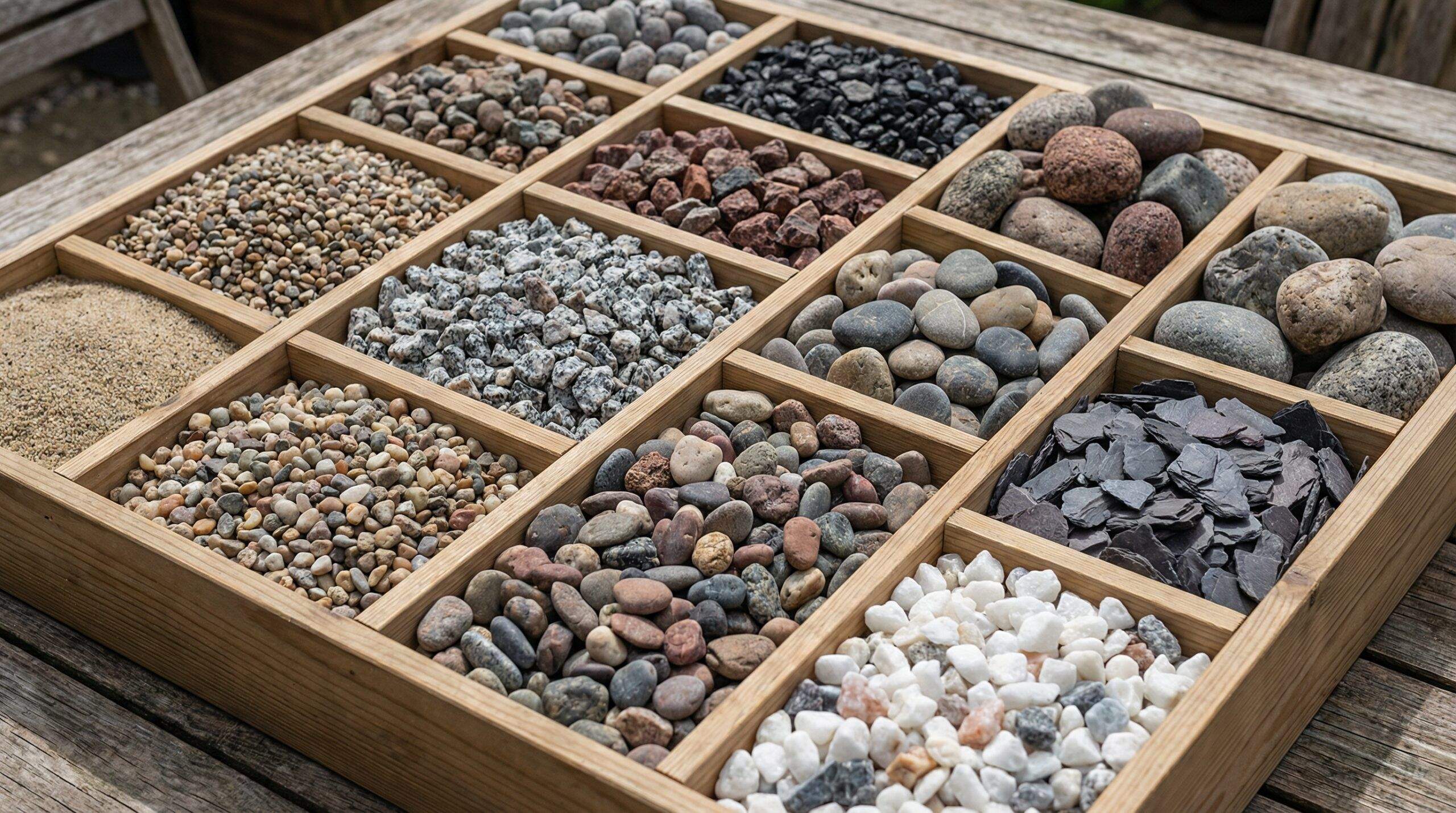 Various types of gravel displayed in organized sections showing different sizes and textures