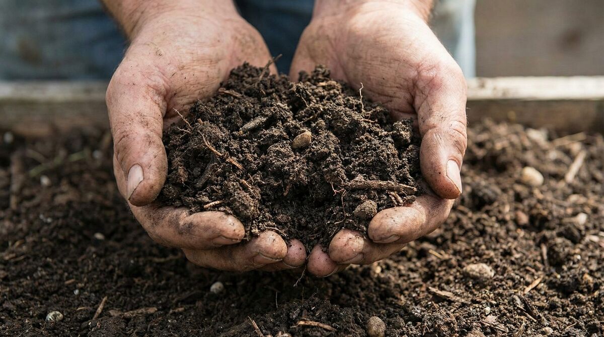 Hands holding rich clay loam soil showing its dark color and crumbly texture