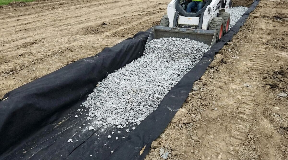 Step-by-step installation process showing crushed concrete being spread and compacted for a drainage system
