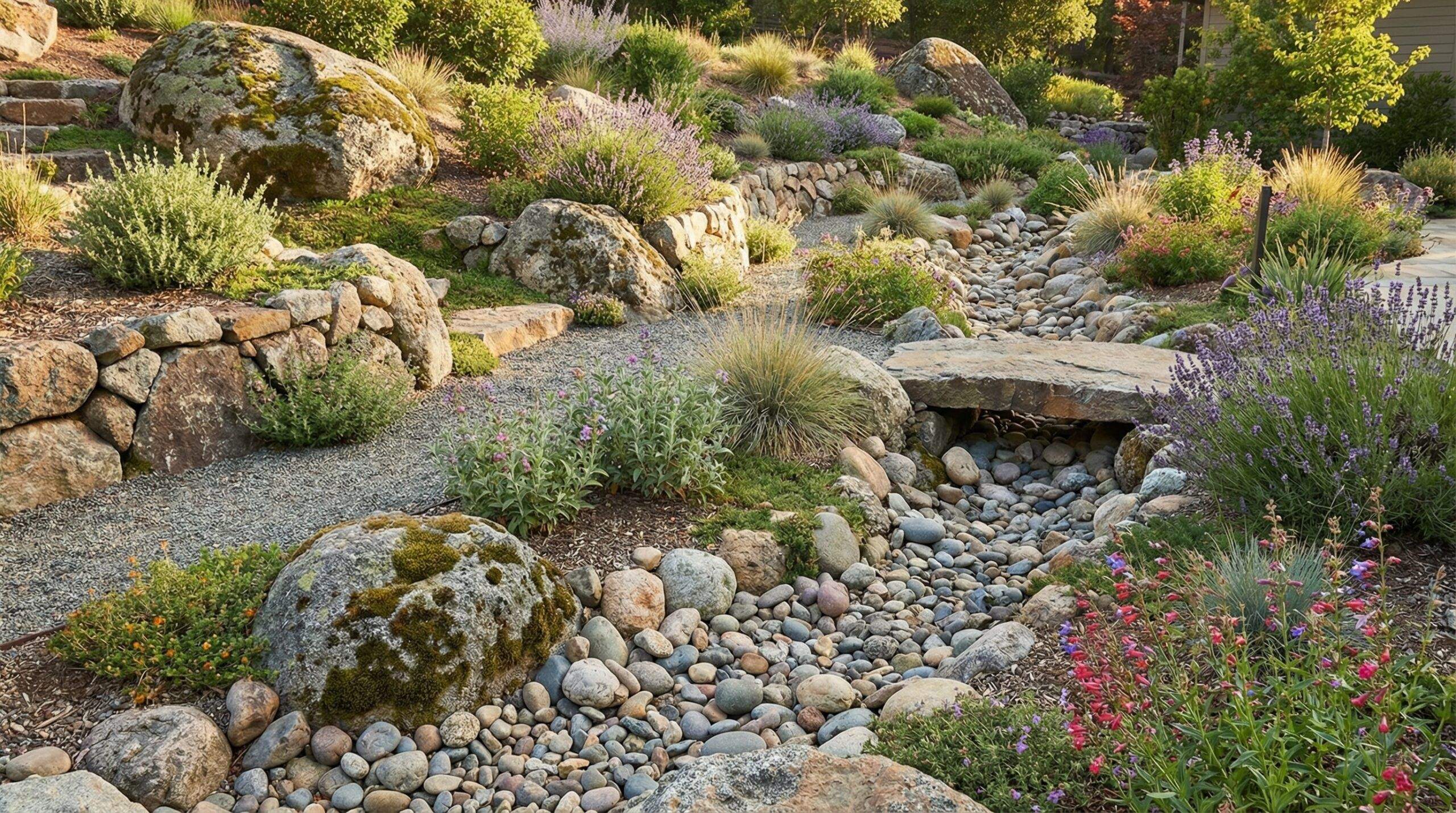 Landscaping project showing different rock sizes in garden design
