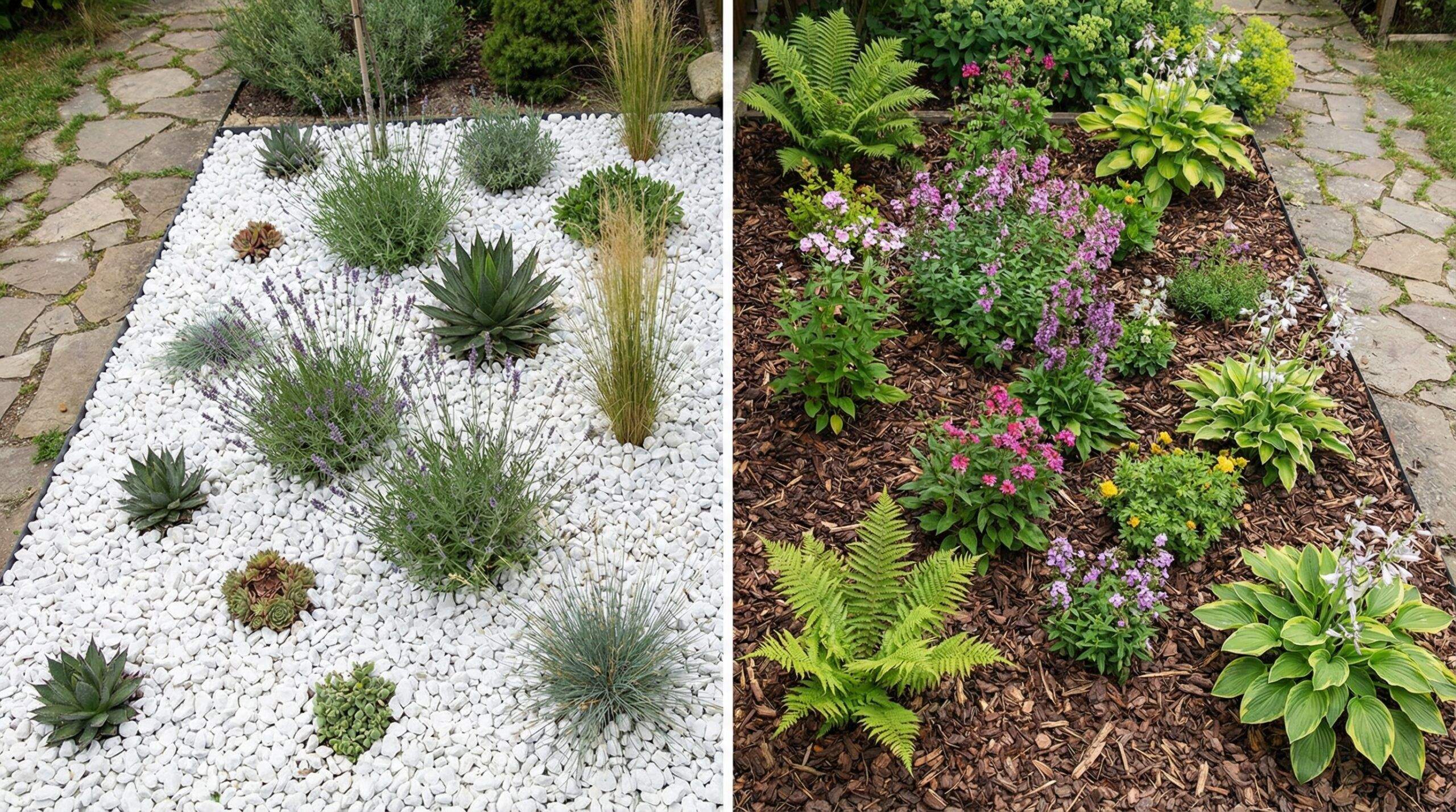 Comparison of marble chips vs traditional mulch in garden beds
