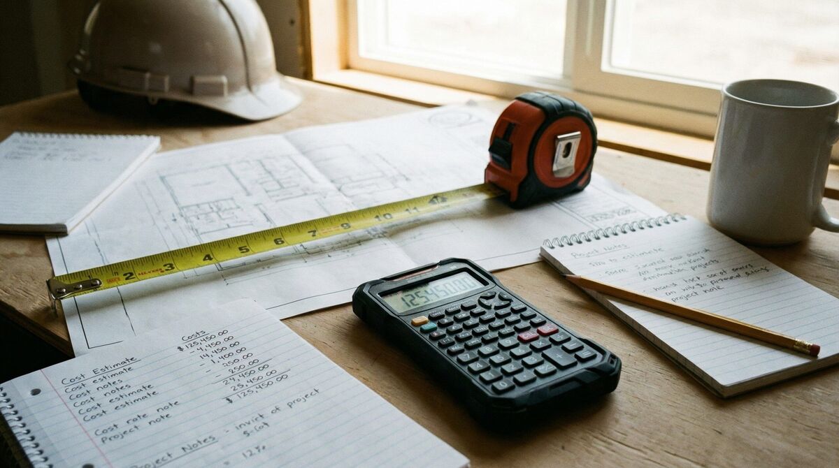 Measuring tape and calculator for stone project planning