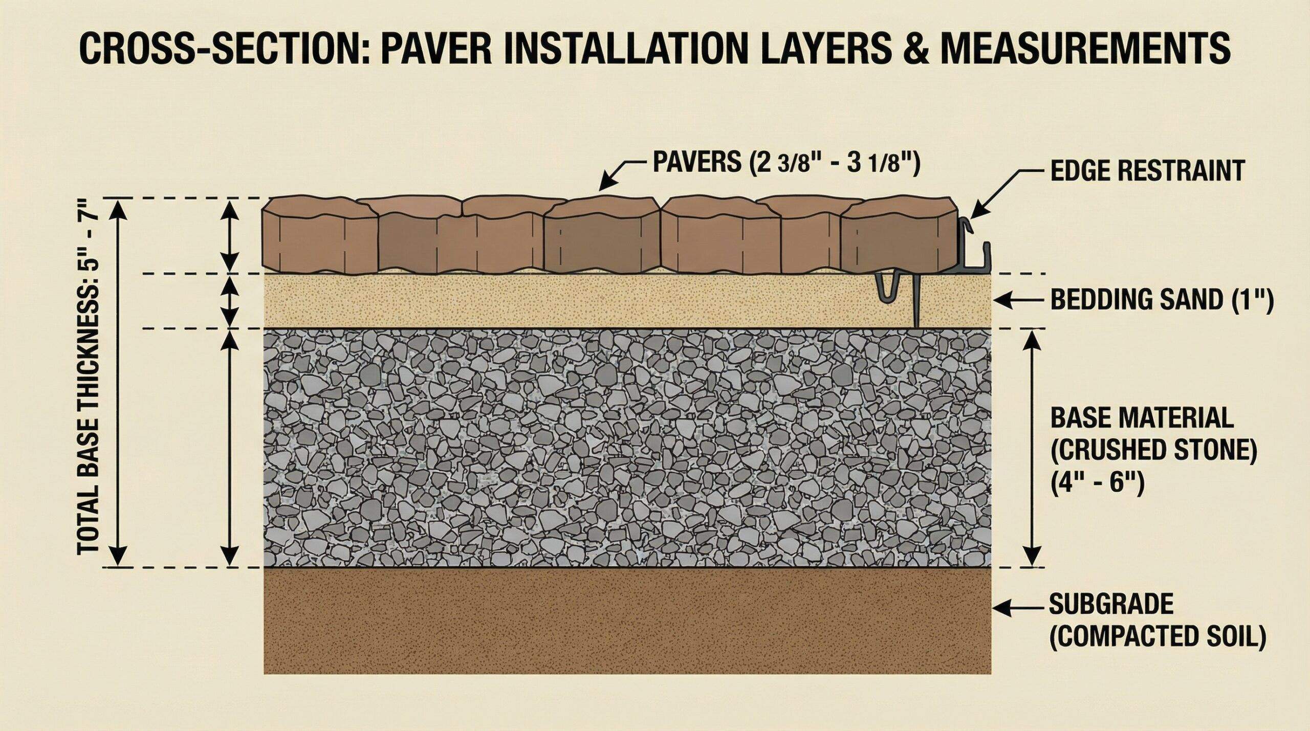 Cross-section diagram showing layers of paver installation with measurements for base thickness