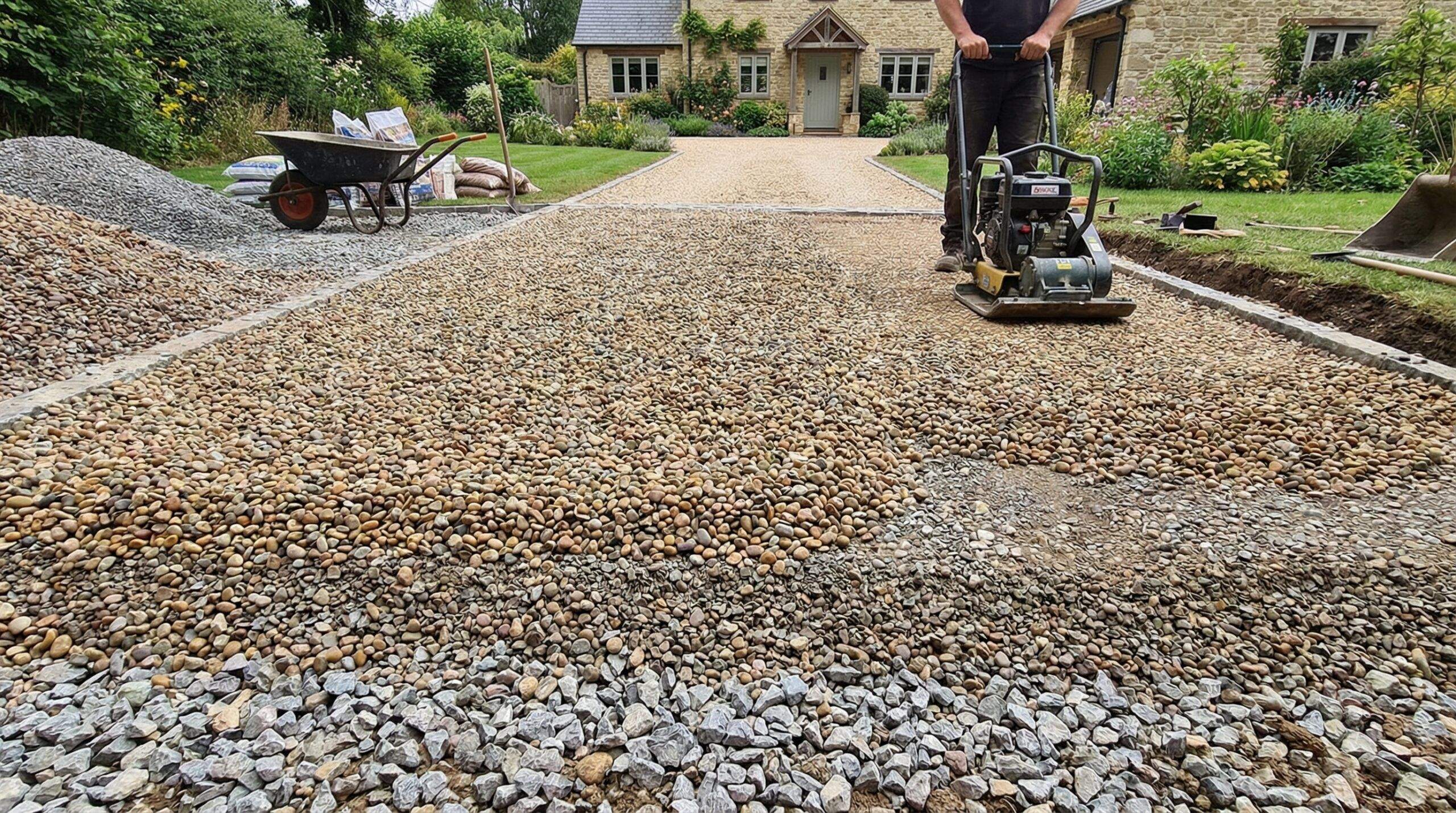 Pea gravel driveway installation showing different sizes and compaction levels