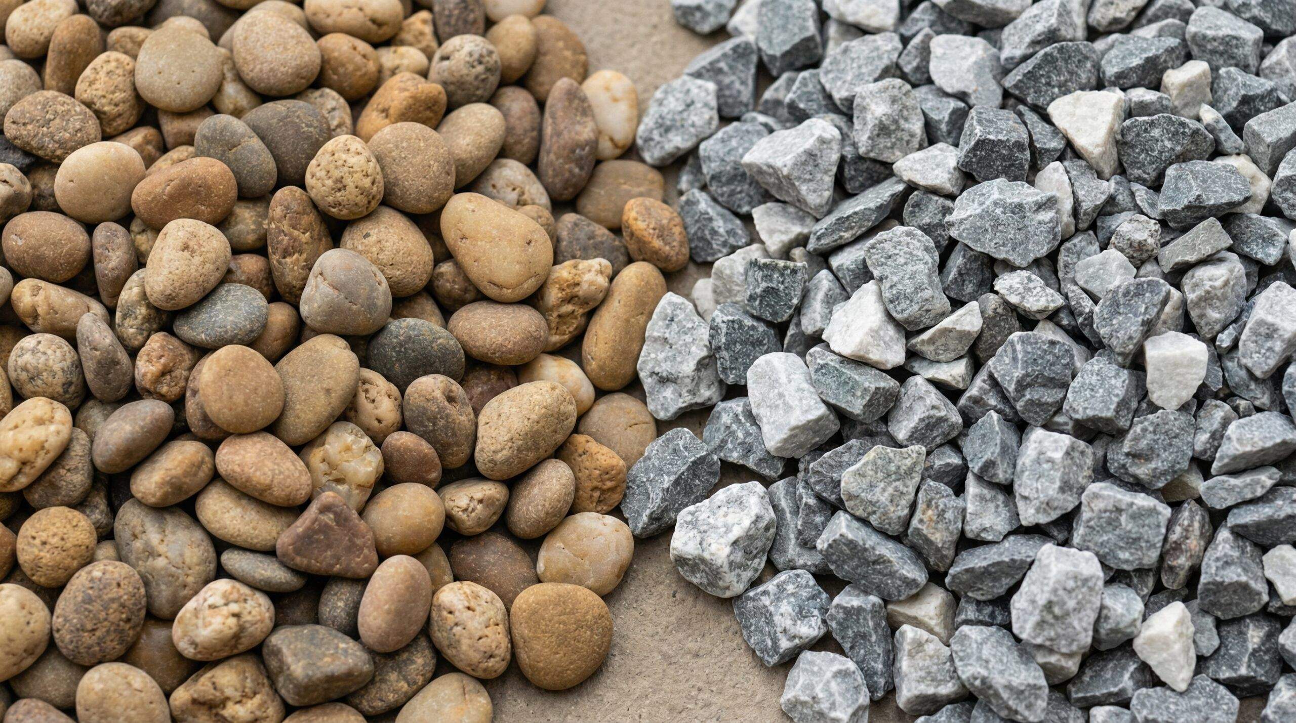 Close-up comparison of pea gravel versus crushed stone showing shape differences