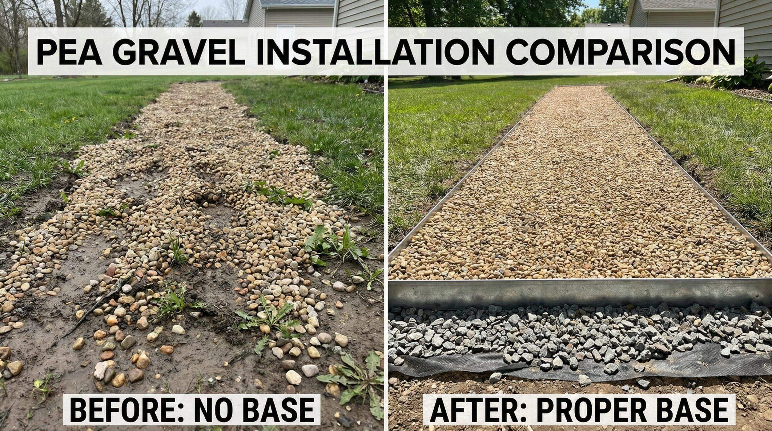 Before and after comparison of pea gravel with and without proper base