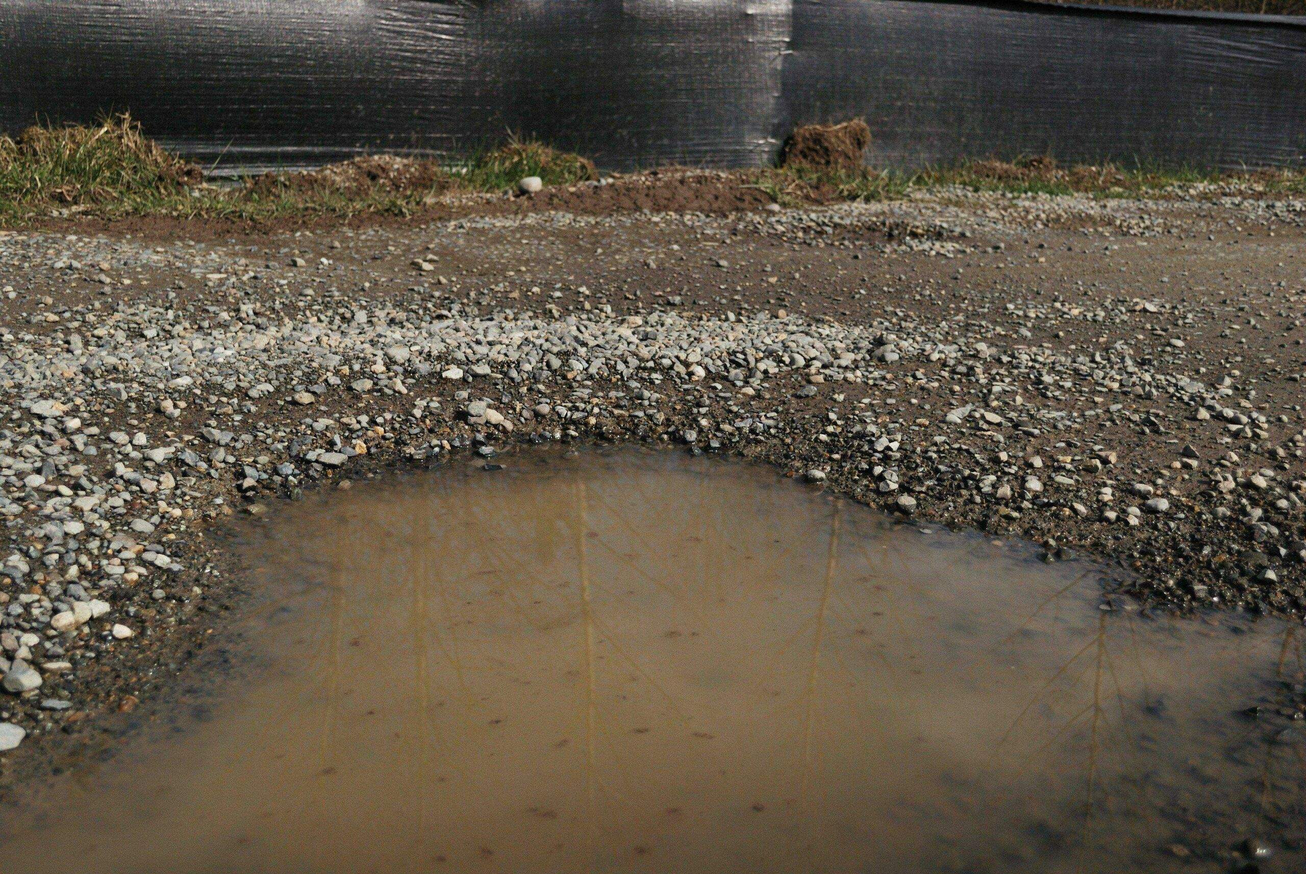 Before and after comparison showing pea gravel with and without sand base after rainfall