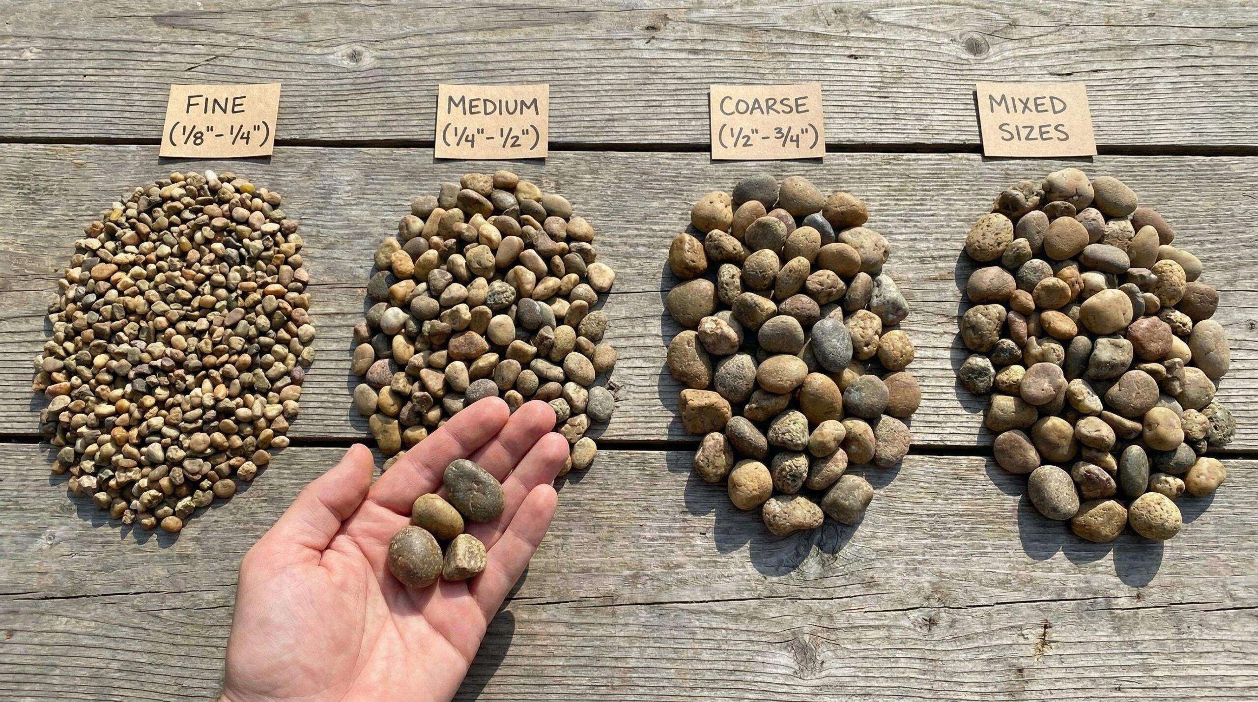 Close-up comparison of different pea gravel sizes