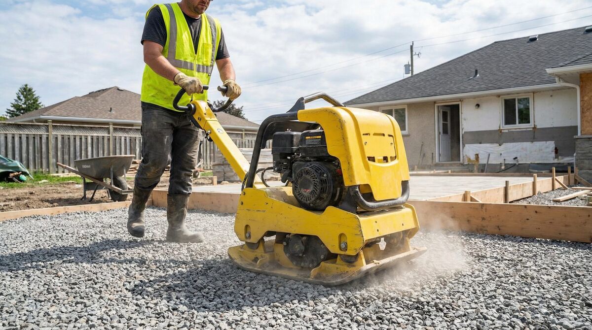 Person using plate compactor on gravel surface