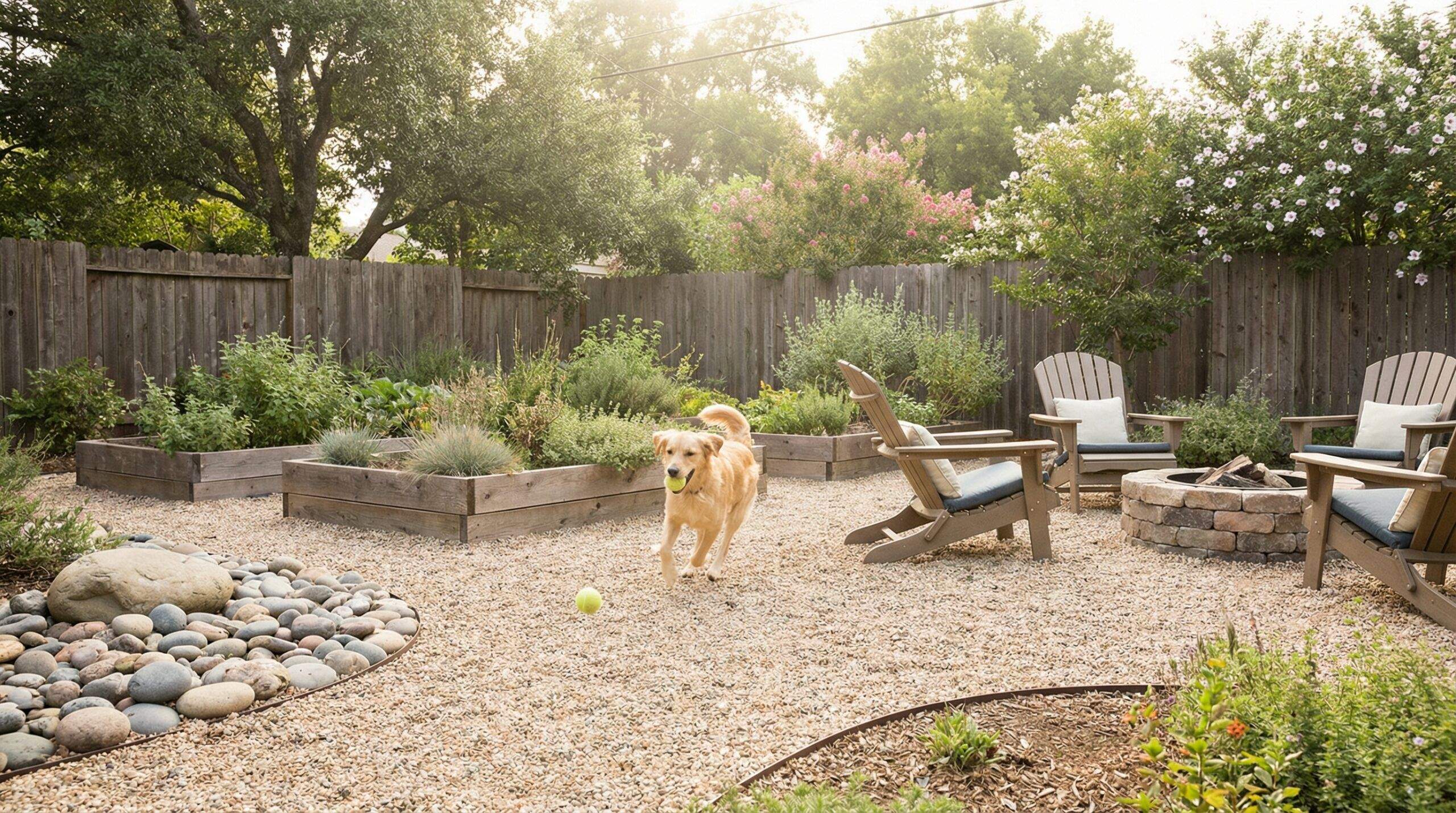 Happy dog playing on pea gravel in a pet-friendly backyard