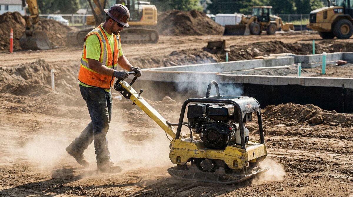 Fill dirt compaction process with plate compactor