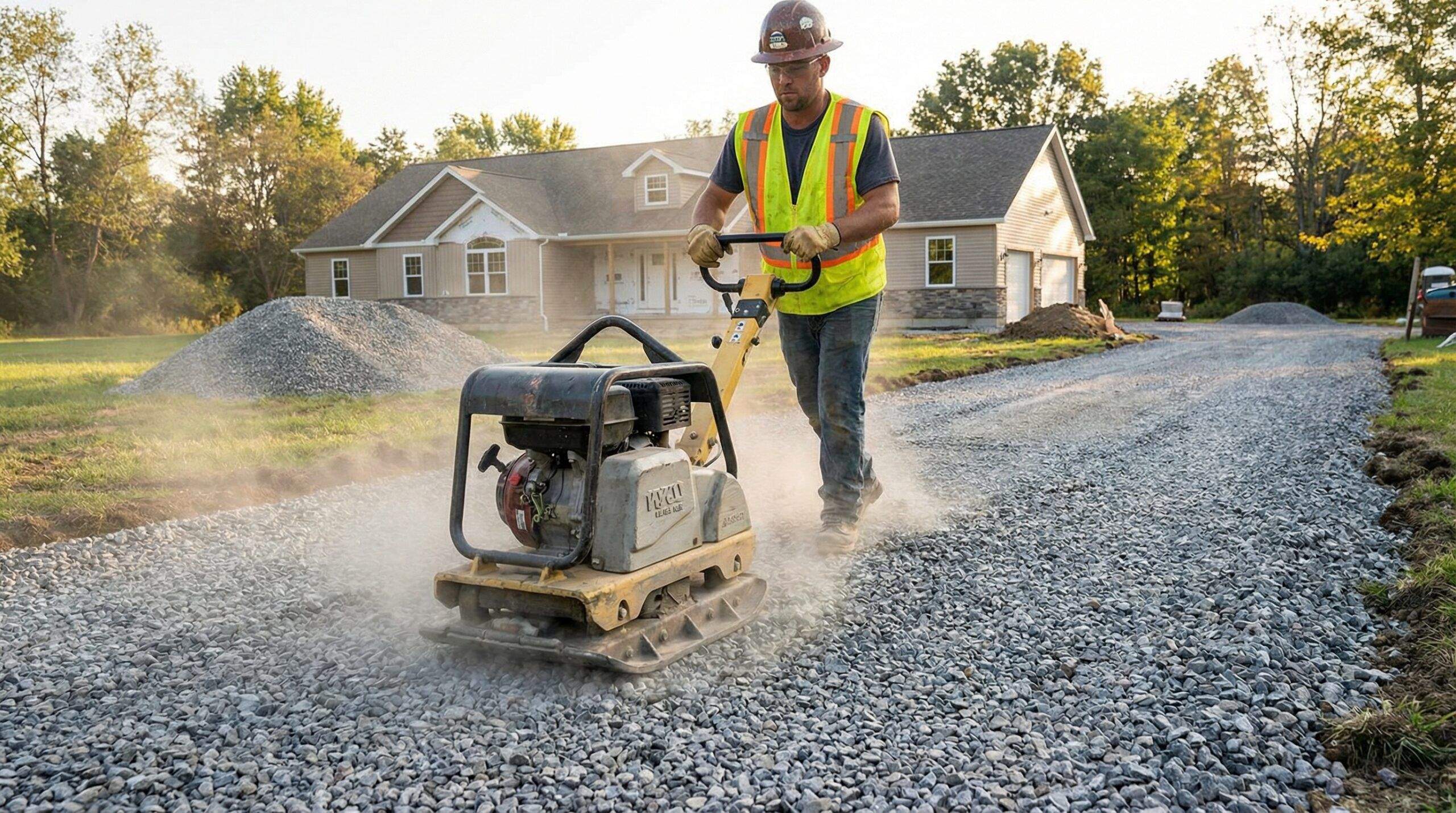Worker using plate compactor on freshly spread gravel driveway