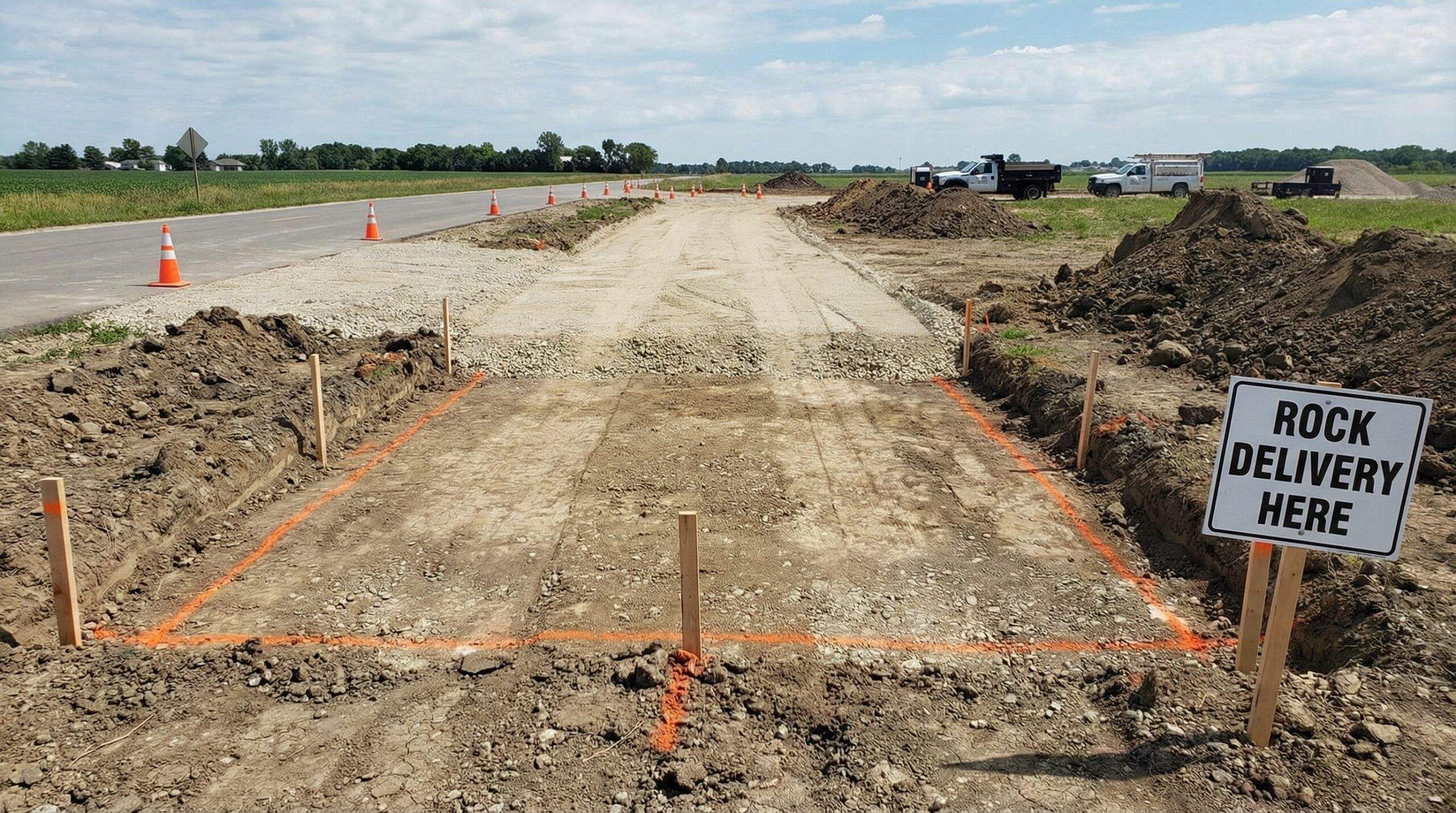Prepared driveway area marked for rock delivery