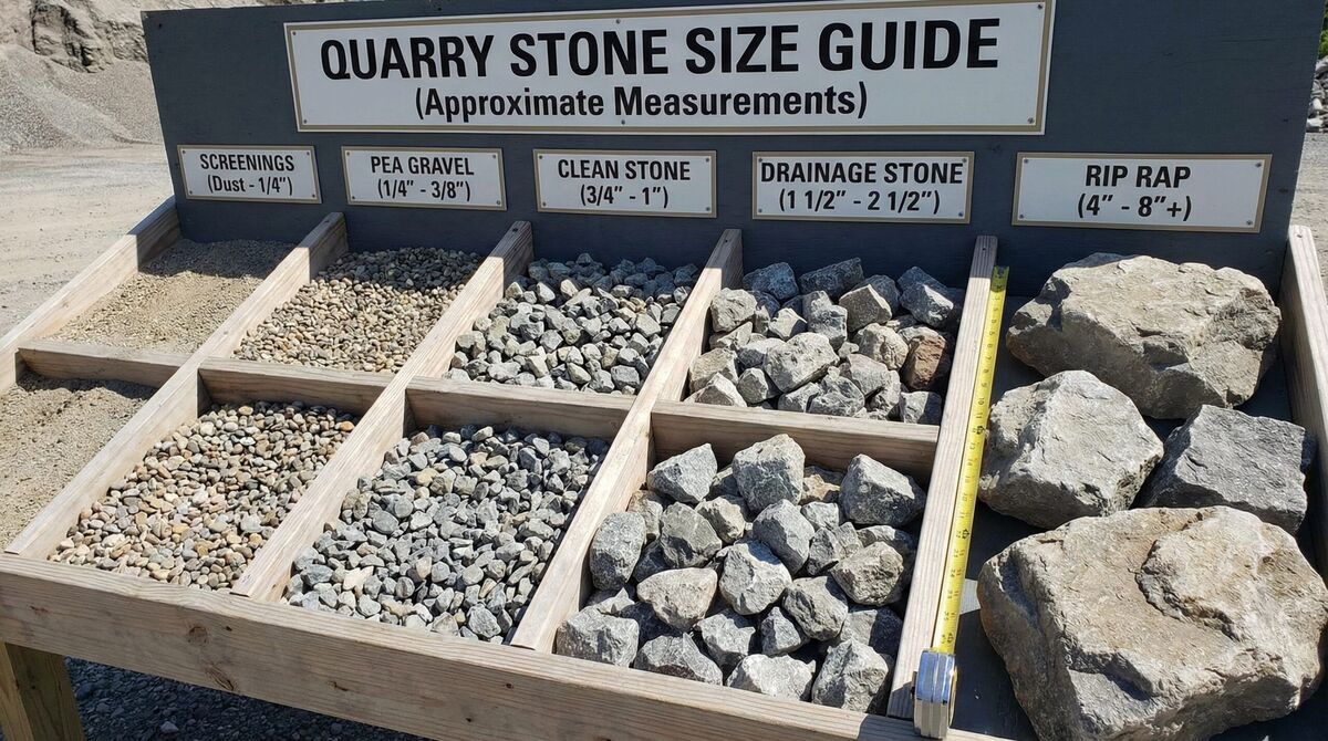 Quarry stone size chart visual guide showing different stone sizes with measurements