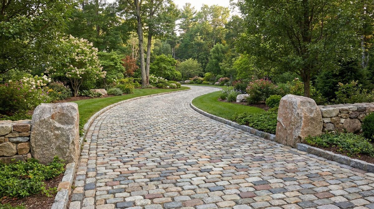 Beautiful river rock driveway with natural stone edging and curved design
