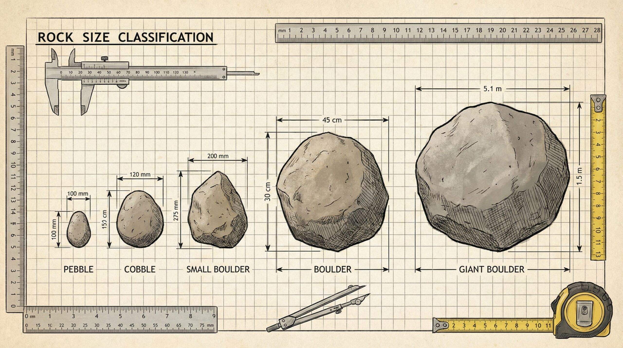 Detailed rock size measurement chart with rulers and examples