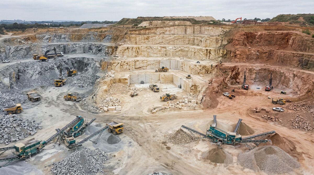 Rock quarry operations with various stone types