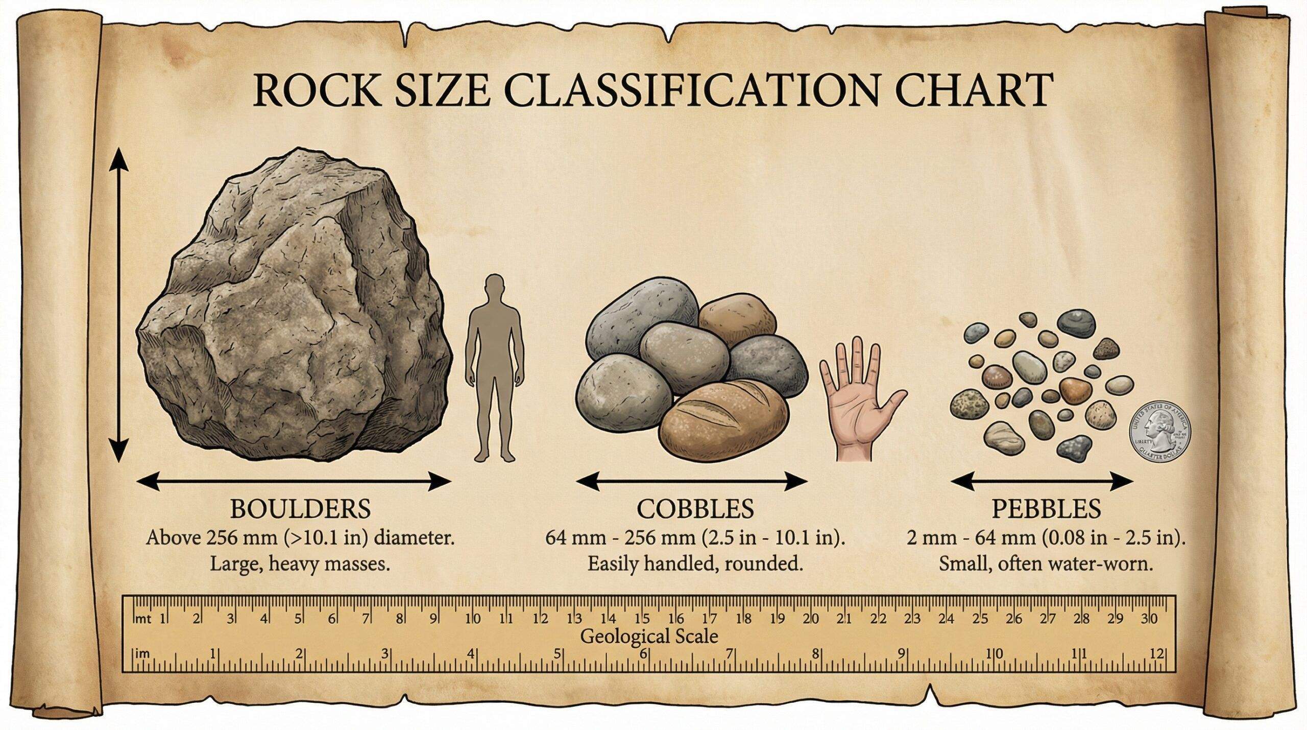 Rock size comparison chart showing boulder, cobble, pebble, granule, sand, and silt