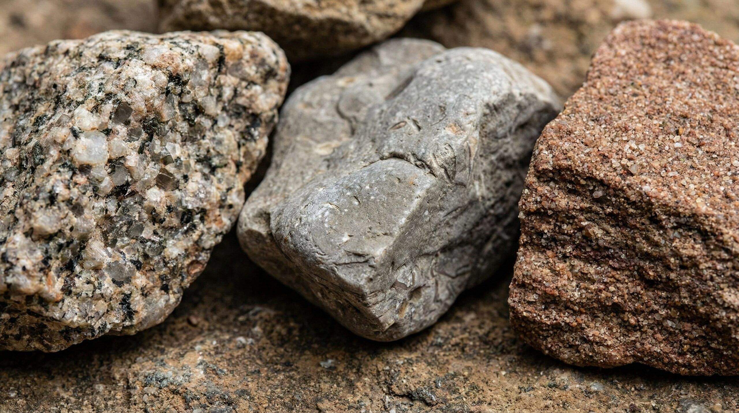 Close-up view of different rock fragments showing granite limestone sandstone composition