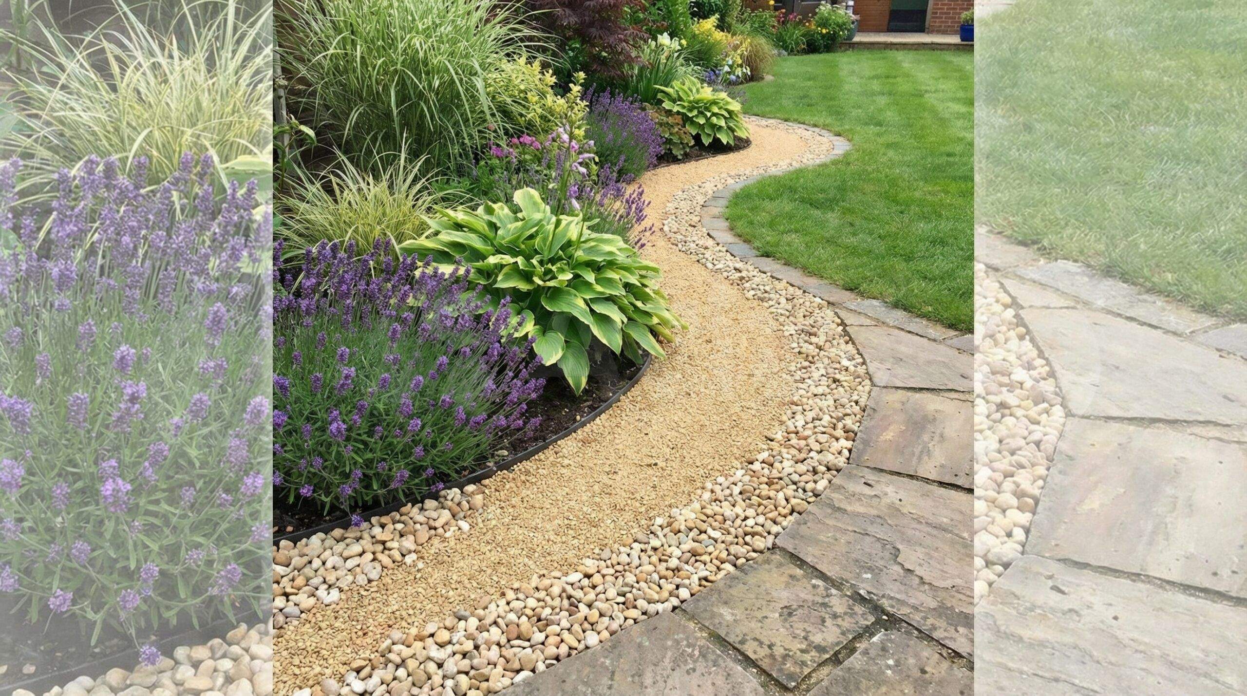 Sand colored pea gravel garden border application