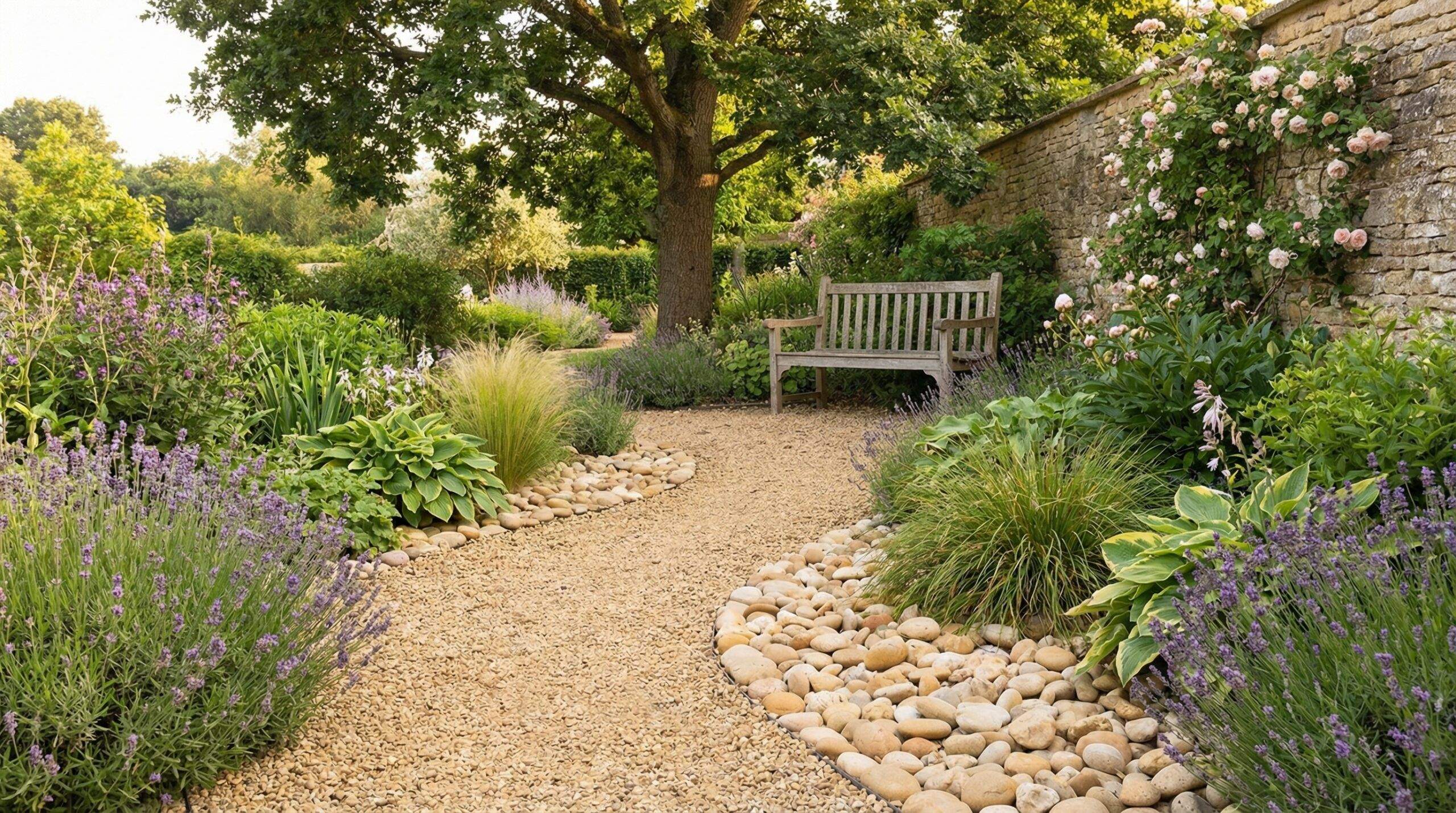 Sand colored pea gravel landscaping pathway