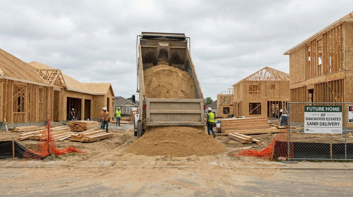 Sandy fill delivery truck at residential project