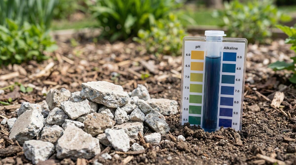 Soil pH testing kit showing alkaline reading next to crushed concrete