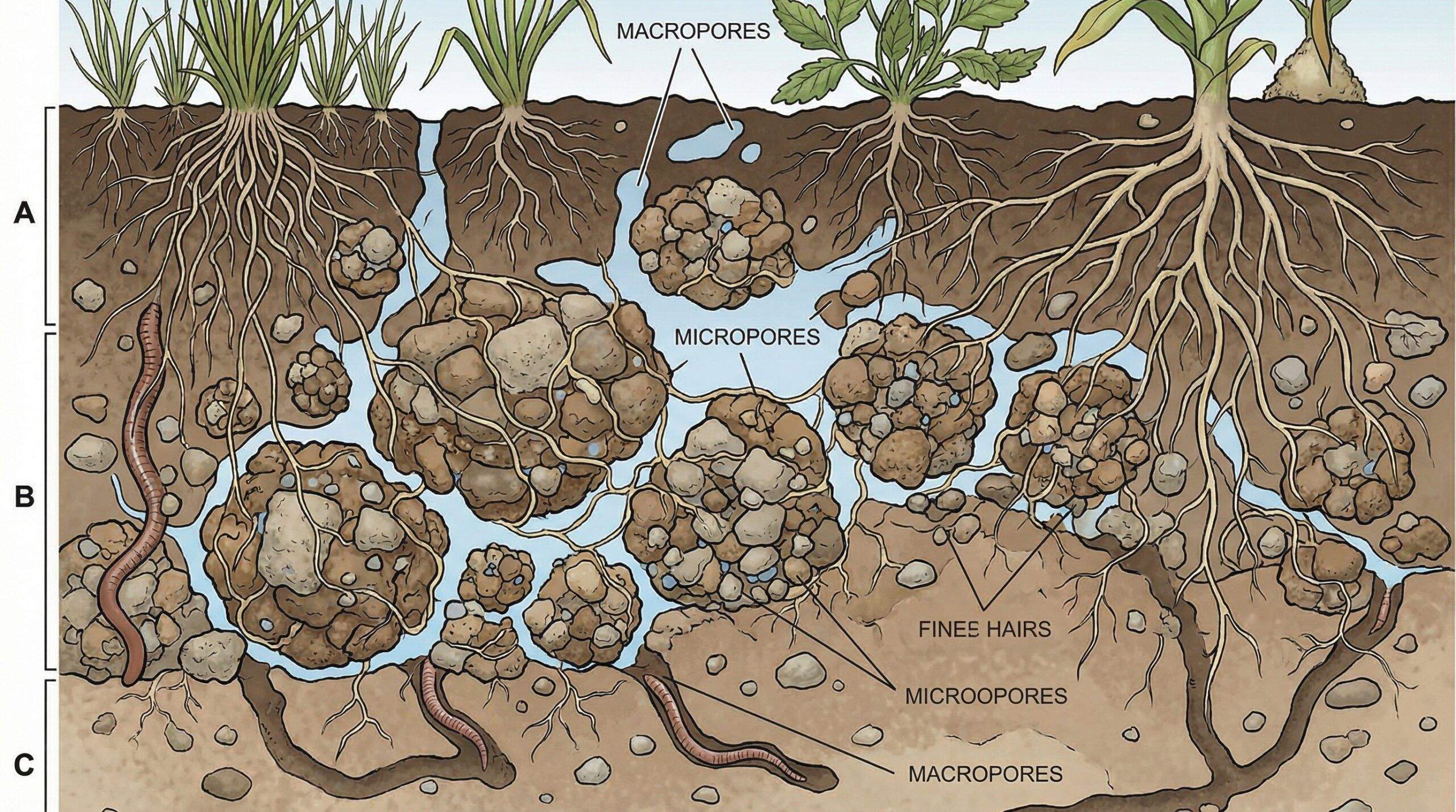 cross-section diagram showing soil aggregates with pore spaces and root systems