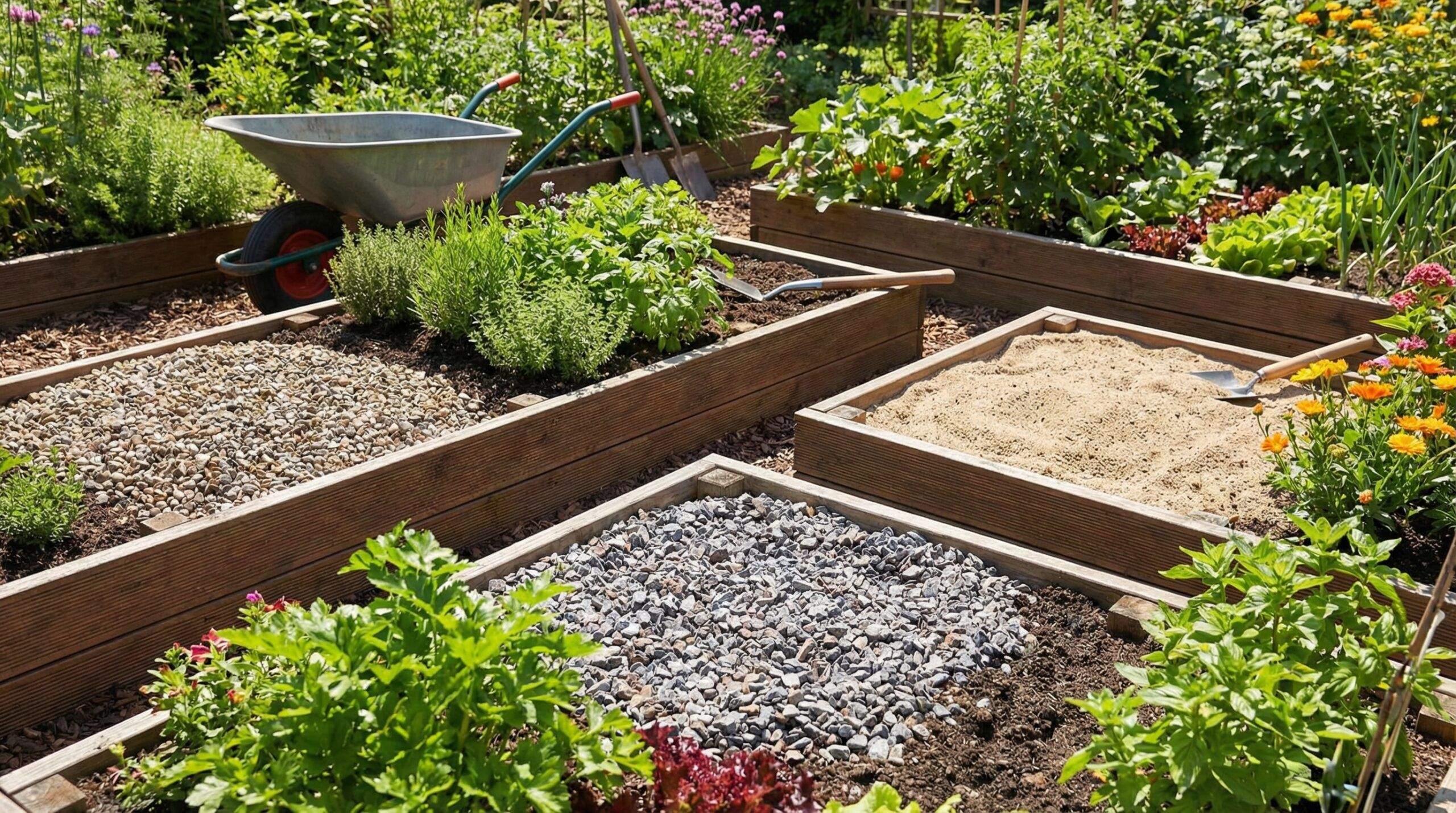 various soil aggregates including gravel, sand, and crushed stone spread across garden beds
