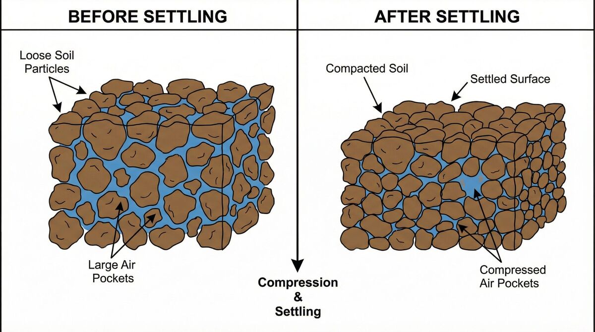 Cross-section diagram showing soil particles before and after settling with air pockets being compressed