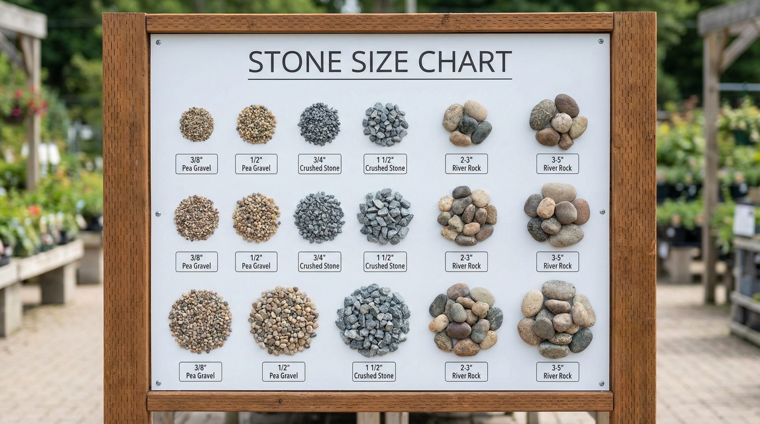 Stone size chart with various gravel types and measurements