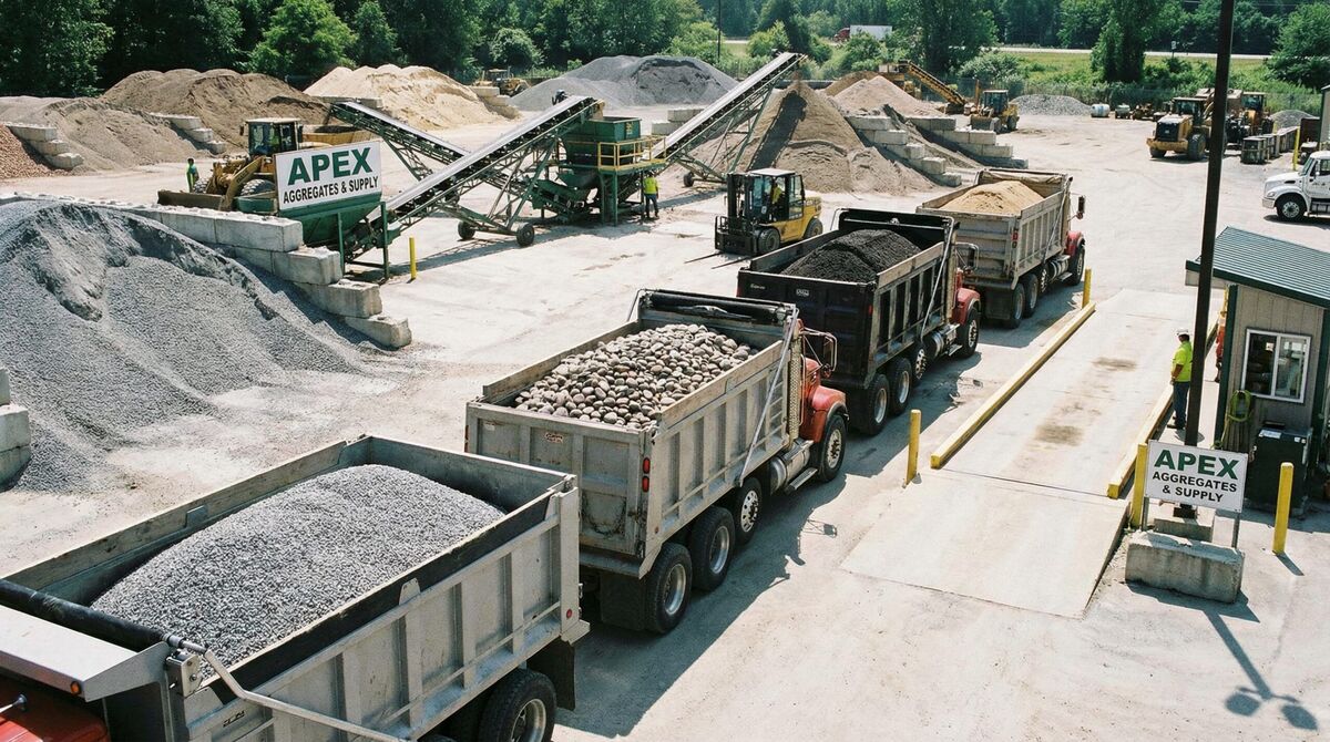 trucks loaded with different grades of aggregate lined up at a construction supply yard