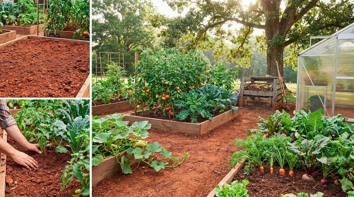 Thriving vegetable garden with healthy plants growing in clay loam soil