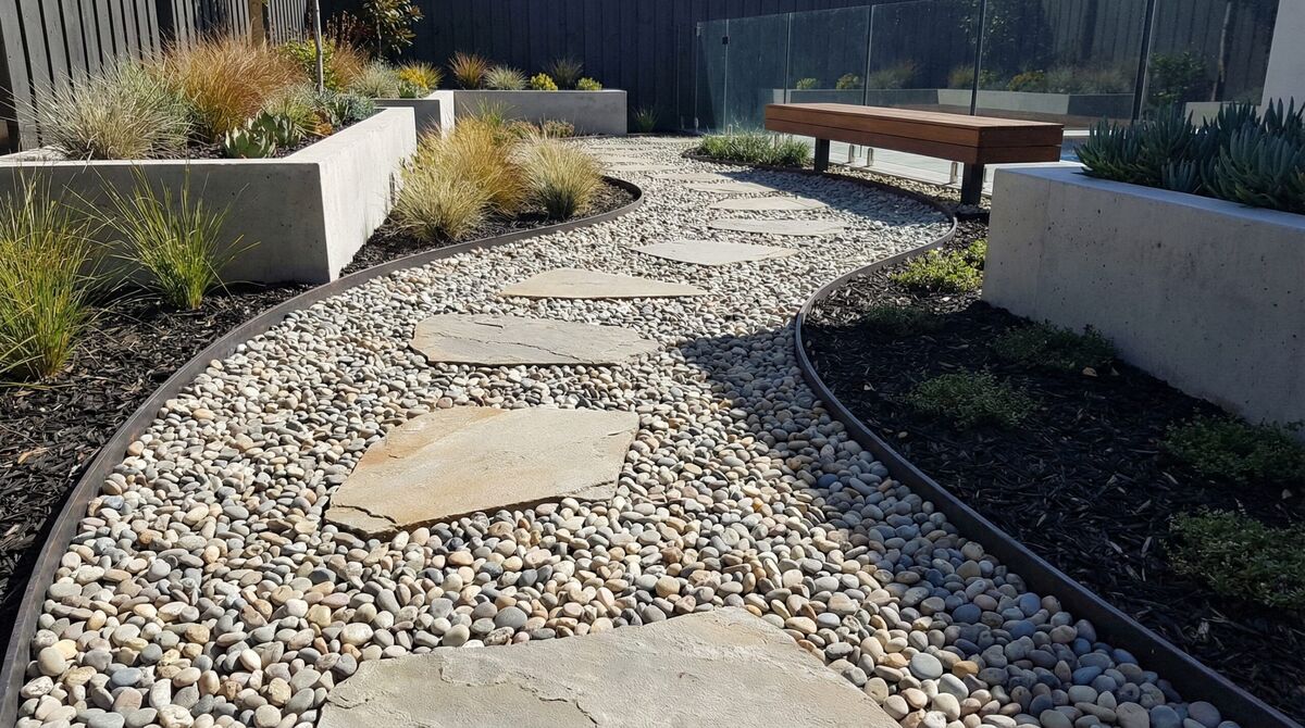 Washed gravel in modern landscape pathway