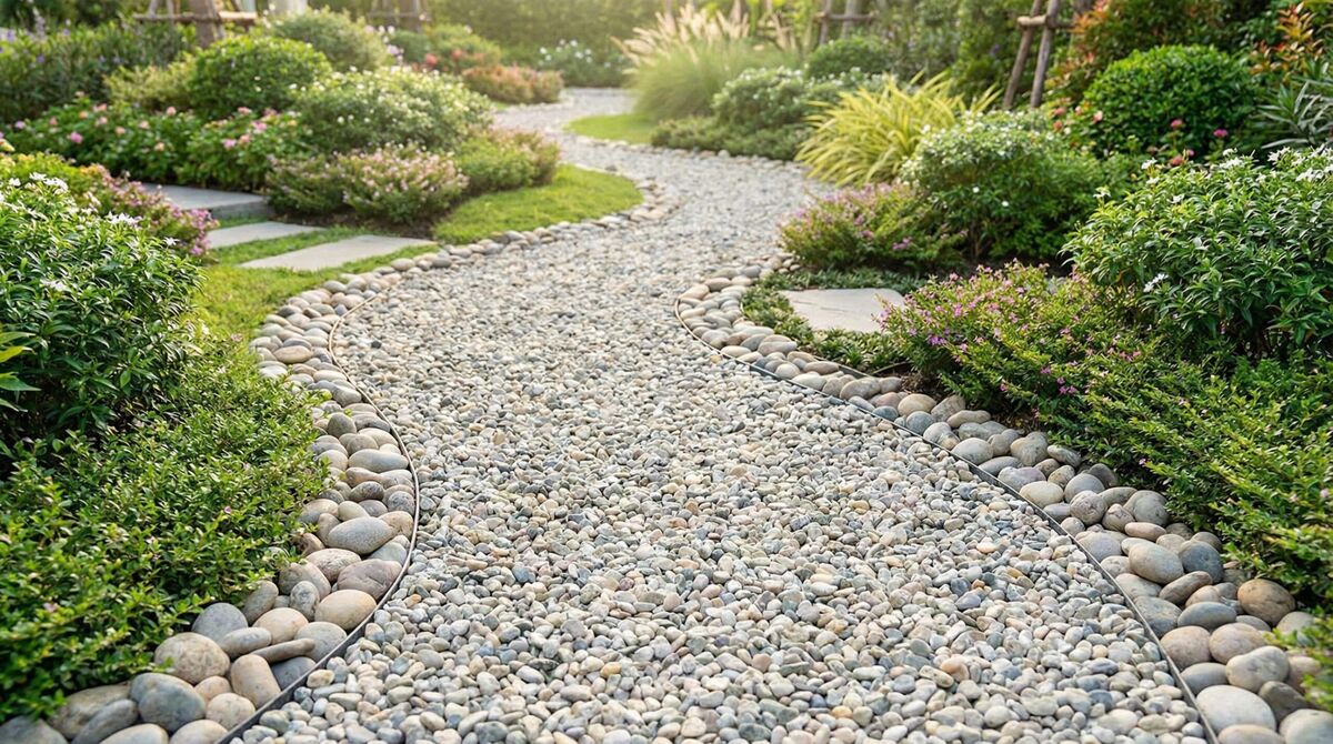 Washed gravel used in decorative landscaping pathway