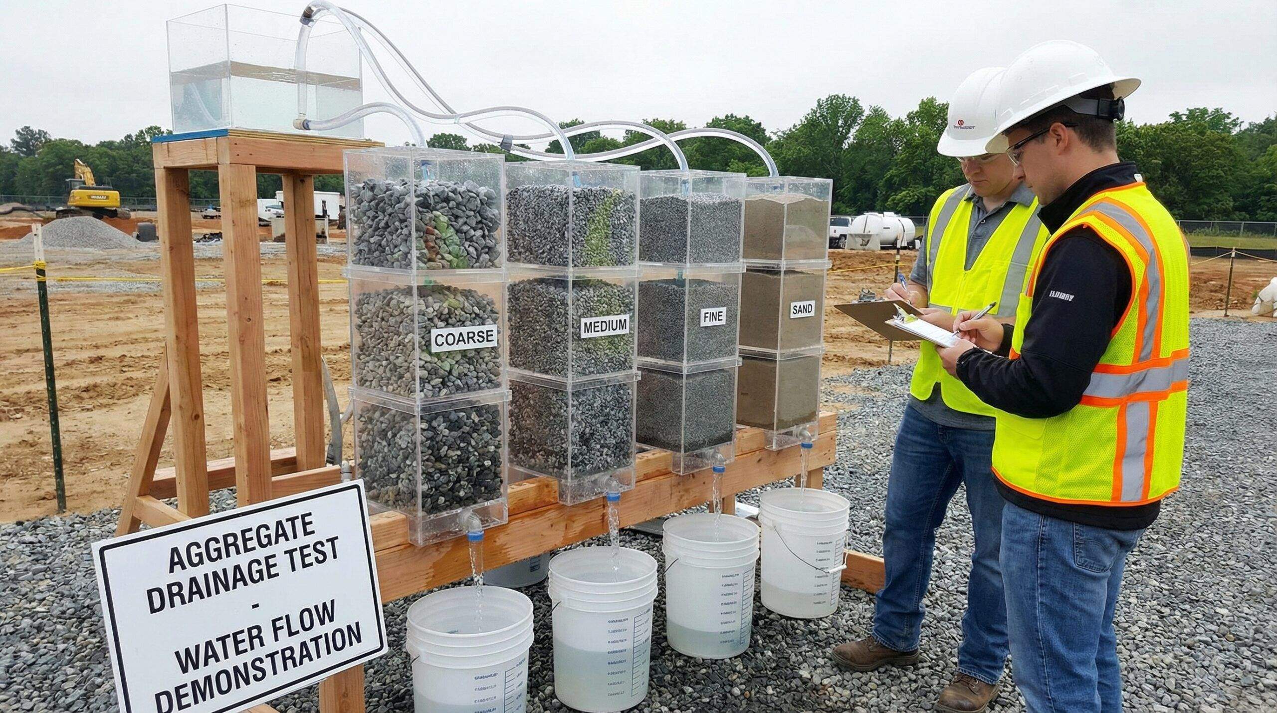 Water flow comparison through different aggregate sizes in drainage test