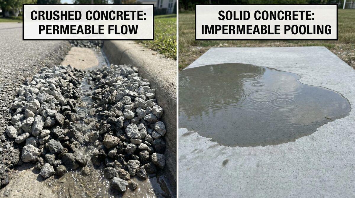 Side-by-side comparison showing water flowing through crushed concrete versus pooling on solid concrete surface