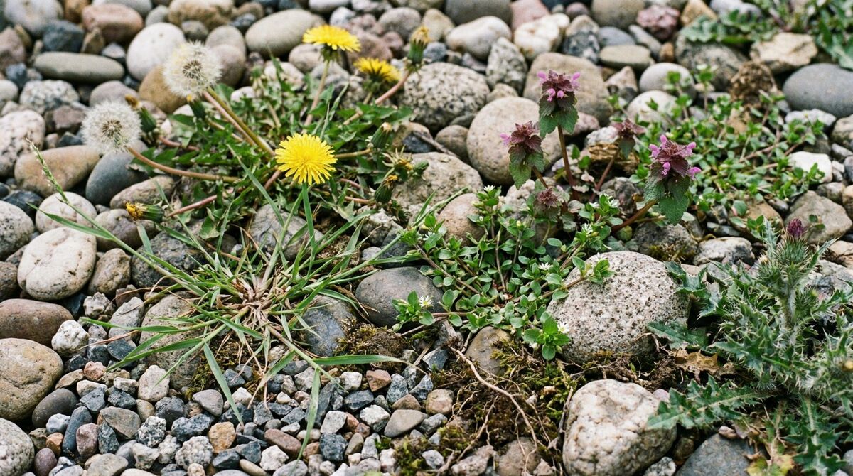 Close-up of different weed types growing in gravel