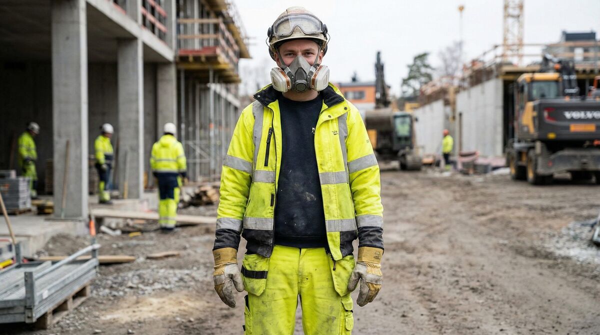 Worker wearing proper PPE for concrete dust protection