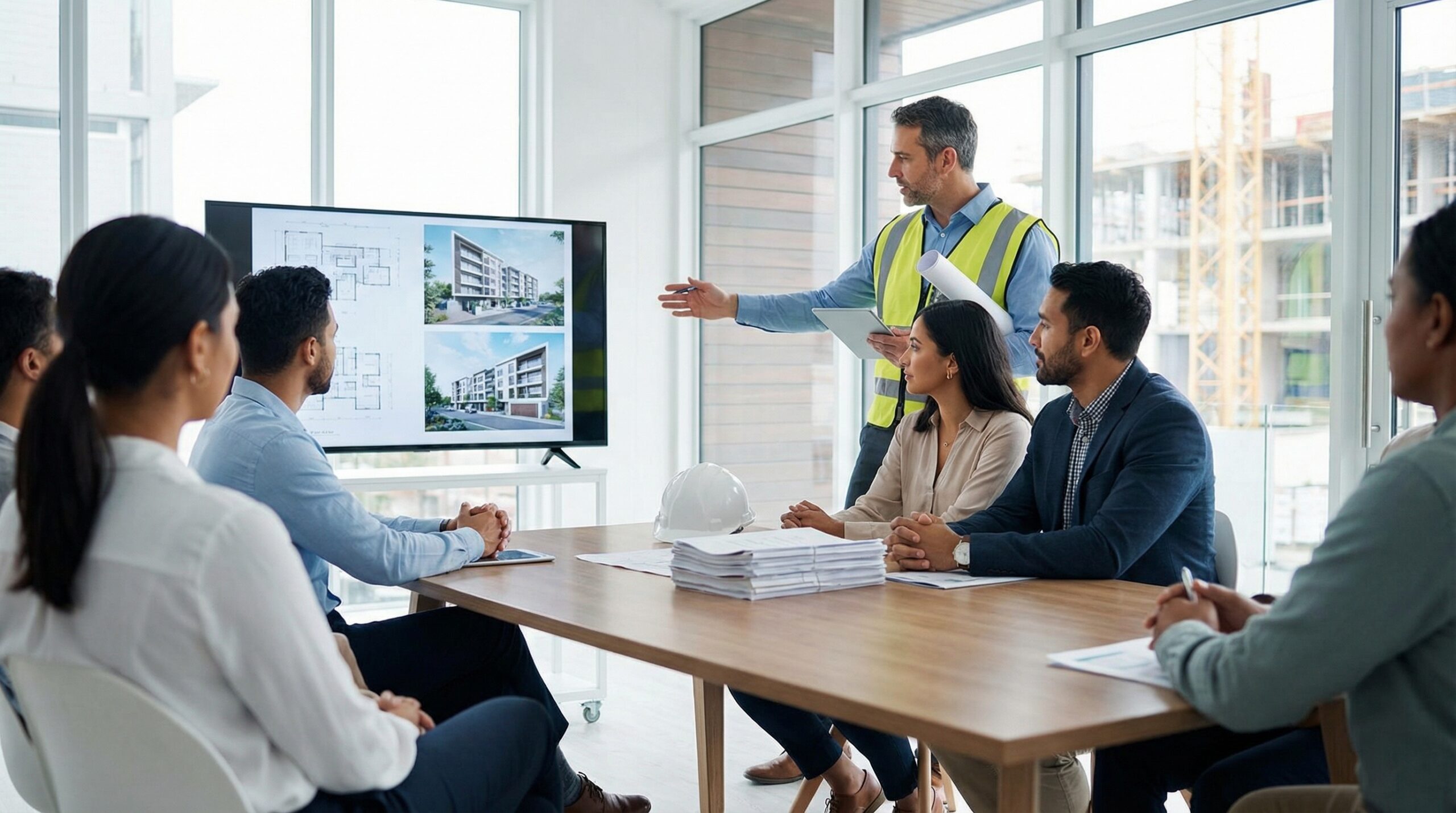 Contractor presenting detailed project proposal to clients