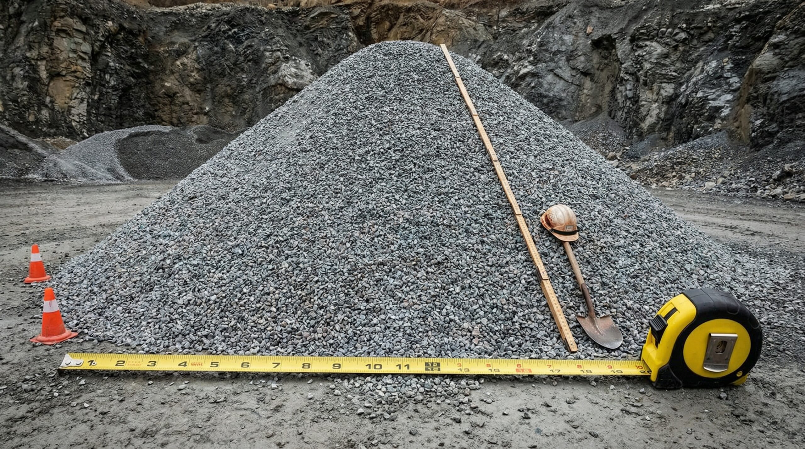 large pile of gravel showing scale with measuring tools