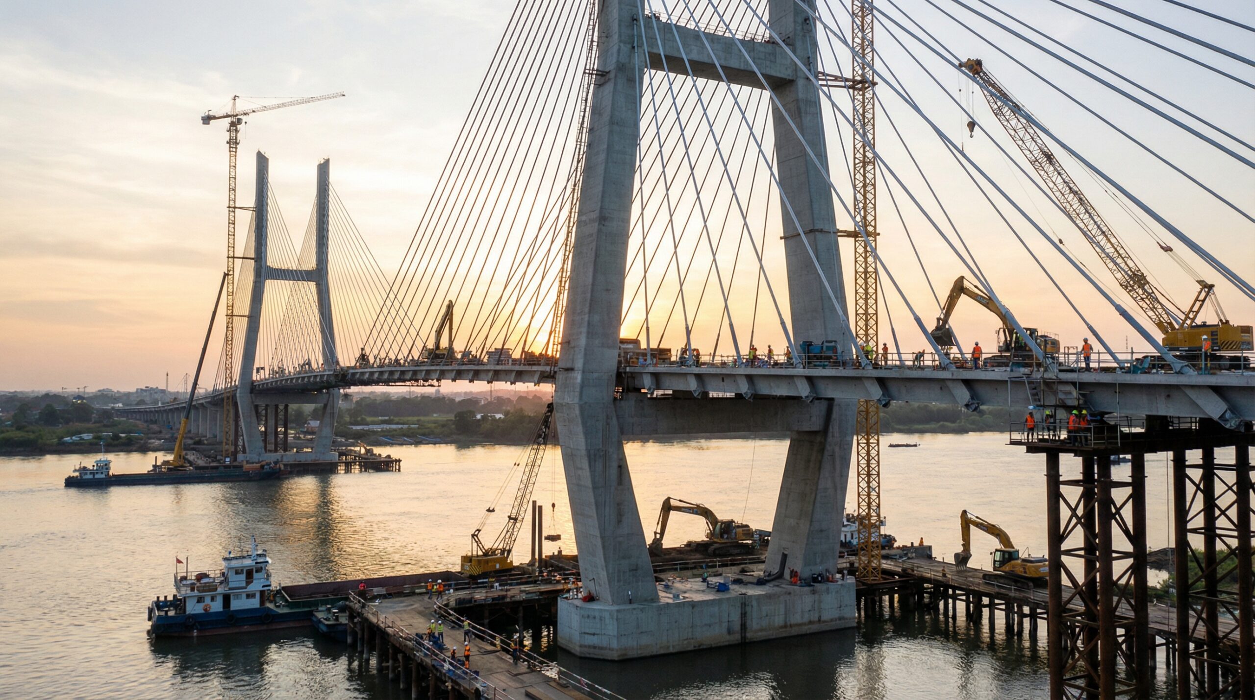 Modern bridge construction with cable stays and construction equipment